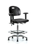 Newport Industrial Polyurethane Chair Chrome - High Bench Height with Adjustable Arms, Chrome Foot Ring, & Stationary Glides in Black Polyurethane HPHBCH-CR-T0-A1-CF-RG-BLK