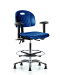 Newport Industrial Polyurethane Chair Chrome - High Bench Height with Adjustable Arms, Chrome Foot Ring, & Stationary Glides in Blue Polyurethane HPHBCH-CR-T0-A1-CF-RG-BLU