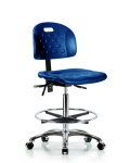 Newport Industrial Polyurethane Chair Chrome - High Bench Height with Seat Tilt, Chrome Foot Ring, & Casters in Blue Polyurethane HPHBCH-CR-T1-A0-CF-CC-BLU