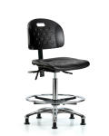 Newport Industrial Polyurethane Chair Chrome - High Bench Height with Seat Tilt, Chrome Foot Ring, & Stationary Glides in Black Polyurethane HPHBCH-CR-T1-A0-CF-RG-BLK