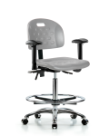Newport Industrial Polyurethane Chair Chrome - High Bench Height with Seat Tilt, Adjustable Arms, Chrome Foot Ring, & Casters in Gray Polyurethane HPHBCH-CR-T1-A1-CF-CC-GRY