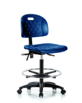Newport Industrial Polyurethane Chair - High Bench Height with Chrome Foot Ring & Casters in Blue Polyurethane HPHBCH-RG-T0-A0-CF-RC-BLU