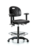 Newport Industrial Polyurethane Chair - High Bench Height with Adjustable Arms, Chrome Foot Ring, & Casters in Black Polyurethane HPHBCH-RG-T0-A1-CF-RC-BLK