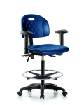Newport Industrial Polyurethane Chair - High Bench Height with Adjustable Arms, Chrome Foot Ring, & Casters in Blue Polyurethane HPHBCH-RG-T0-A1-CF-RC-BLU