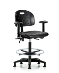 Newport Industrial Polyurethane Chair - High Bench Height with Adjustable Arms, Chrome Foot Ring, & Stationary Glides in Black Polyurethane HPHBCH-RG-T0-A1-CF-RG-BLK