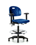 Newport Industrial Polyurethane Chair - High Bench Height with Adjustable Arms, Chrome Foot Ring, & Stationary Glides in Blue Polyurethane HPHBCH-RG-T0-A1-CF-RG-BLU