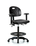 Newport Industrial Polyurethane Chair - High Bench Height with Seat Tilt, Adjustable Arms, Black Foot Ring, & Casters in Black Polyurethane HPHBCH-RG-T1-A1-BF-RC-BLK