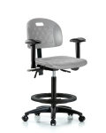 Newport Industrial Polyurethane Chair - High Bench Height with Seat Tilt, Adjustable Arms, Black Foot Ring, & Casters in Gray Polyurethane HPHBCH-RG-T1-A1-BF-RC-GRY