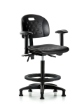 Newport Industrial Polyurethane Chair - High Bench Height with Seat Tilt, Adjustable Arms, Black Foot Ring, & Stationary Glides in Black Polyurethane HPHBCH-RG-T1-A1-BF-RG-BLK