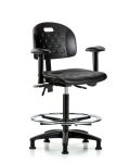 Newport Industrial Polyurethane Chair - High Bench Height with Seat Tilt, Adjustable Arms, Chrome Foot Ring, & Stationary Glides in Black Polyurethane HPHBCH-RG-T1-A1-CF-RG-BLK