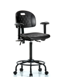 Newport Industrial Polyurethane Chair with Round Tube Base - High Bench Height with Adjustable Arms & Casters in Black Polyurethane HPHBCH-RT-T0-A1-RC-BLK