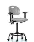 Newport Industrial Polyurethane Chair with Round Tube Base - High Bench Height with Adjustable Arms & Casters in Gray Polyurethane HPHBCH-RT-T0-A1-RC-GRY