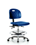 Newport Industrial Polyurethane Chair Chrome - Medium Bench Height with Chrome Foot Ring & Casters in Blue Polyurethane HPMBCH-CR-T0-A0-CF-CC-BLU