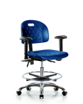Newport Industrial Polyurethane Chair Chrome - Medium Bench Height with Adjustable Arms, Chrome Foot Ring, & Casters in Blue Polyurethane HPMBCH-CR-T0-A1-CF-CC-BLU