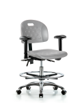 Newport Industrial Polyurethane Chair Chrome - Medium Bench Height with Adjustable Arms, Chrome Foot Ring, & Casters in Gray Polyurethane HPMBCH-CR-T0-A1-CF-CC-GRY