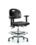 Newport Industrial Polyurethane Chair Chrome - Medium Bench Height with Adjustable Arms, Chrome Foot Ring, & Stationary Glides in Black Polyurethane HPMBCH-CR-T0-A1-CF-RG-BLK