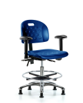 Newport Industrial Polyurethane Chair Chrome - Medium Bench Height with Adjustable Arms, Chrome Foot Ring, & Stationary Glides in Blue Polyurethane HPMBCH-CR-T0-A1-CF-RG-BLU