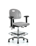 Newport Industrial Polyurethane Chair Chrome - Medium Bench Height with Adjustable Arms, Chrome Foot Ring, & Stationary Glides in Gray Polyurethane HPMBCH-CR-T0-A1-CF-RG-GRY