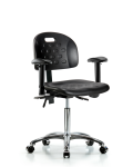 Newport Industrial Polyurethane Chair Chrome - Medium Bench Height with Adjustable Arms & Casters in Black Polyurethane HPMBCH-CR-T0-A1-NF-CC-BLK