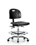 Newport Industrial Polyurethane Chair Chrome - Medium Bench Height with Seat Tilt, Chrome Foot Ring, & Casters in Black Polyurethane HPMBCH-CR-T1-A0-CF-CC-BLK