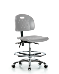 Newport Industrial Polyurethane Chair Chrome - Medium Bench Height with Seat Tilt, Chrome Foot Ring, & Casters in Gray Polyurethane HPMBCH-CR-T1-A0-CF-CC-GRY