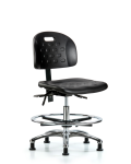Newport Industrial Polyurethane Chair Chrome - Medium Bench Height with Seat Tilt, Chrome Foot Ring, & Stationary Glides in Black Polyurethane HPMBCH-CR-T1-A0-CF-RG-BLK