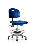 Newport Industrial Polyurethane Chair Chrome - Medium Bench Height with Seat Tilt, Chrome Foot Ring, & Stationary Glides in Blue Polyurethane HPMBCH-CR-T1-A0-CF-RG-BLU