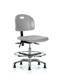 Newport Industrial Polyurethane Chair Chrome - Medium Bench Height with Seat Tilt, Chrome Foot Ring, & Stationary Glides in Gray Polyurethane HPMBCH-CR-T1-A0-CF-RG-GRY