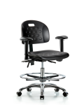 Newport Industrial Polyurethane Chair Chrome - Medium Bench Height with Seat Tilt, Adjustable Arms, Chrome Foot Ring, & Casters in Black Polyurethane HPMBCH-CR-T1-A1-CF-CC-BLK