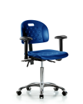 Newport Industrial Polyurethane Chair Chrome - Medium Bench Height with Seat Tilt, Adjustable Arms, & Casters in Blue Polyurethane HPMBCH-CR-T1-A1-NF-CC-BLU