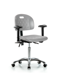 Newport Industrial Polyurethane Chair Chrome - Medium Bench Height with Seat Tilt, Adjustable Arms, & Casters in Gray Polyurethane HPMBCH-CR-T1-A1-NF-CC-GRY