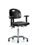 Newport Industrial Polyurethane Chair Chrome - Medium Bench Height with Seat Tilt, Adjustable Arms, & Stationary Glides in Black Polyurethane HPMBCH-CR-T1-A1-NF-RG-BLK