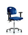 Newport Industrial Polyurethane Chair Chrome - Medium Bench Height with Seat Tilt, Adjustable Arms, & Stationary Glides in Blue Polyurethane HPMBCH-CR-T1-A1-NF-RG-BLU