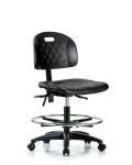 Newport Industrial Polyurethane Chair - Medium Bench Height with Chrome Foot Ring & Casters in Black Polyurethane HPMBCH-RG-T0-A0-CF-RC-BLK