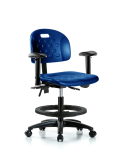 Newport Industrial Polyurethane Chair - Medium Bench Height with Adjustable Arms, Black Foot Ring, & Casters in Blue Polyurethane HPMBCH-RG-T0-A1-BF-RC-BLU