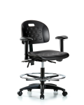 Newport Industrial Polyurethane Chair - Medium Bench Height with Adjustable Arms, Chrome Foot Ring, & Casters in Black Polyurethane HPMBCH-RG-T0-A1-CF-RC-BLK