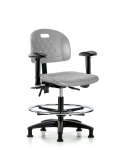 Newport Industrial Polyurethane Chair - Medium Bench Height with Adjustable Arms, Chrome Foot Ring, & Stationary Glides in Gray Polyurethane HPMBCH-RG-T0-A1-CF-RG-GRY