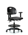 Newport Industrial Polyurethane Chair - Medium Bench Height with Seat Tilt, Adjustable Arms, Black Foot Ring, & Casters in Black Polyurethane HPMBCH-RG-T1-A1-BF-RC-BLK