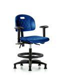 Newport Industrial Polyurethane Chair - Medium Bench Height with Seat Tilt, Adjustable Arms, Black Foot Ring, & Stationary Glides in Blue Polyurethane HPMBCH-RG-T1-A1-BF-RG-BLU