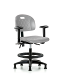 Newport Industrial Polyurethane Chair - Medium Bench Height with Seat Tilt, Adjustable Arms, Black Foot Ring, & Stationary Glides in Gray Polyurethane HPMBCH-RG-T1-A1-BF-RG-GRY