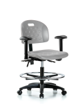 Newport Industrial Polyurethane Chair - Medium Bench Height with Seat Tilt, Adjustable Arms, Chrome Foot Ring, & Casters in Gray Polyurethane HPMBCH-RG-T1-A1-CF-RC-GRY