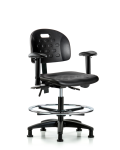 Newport Industrial Polyurethane Chair - Medium Bench Height with Seat Tilt, Adjustable Arms, Chrome Foot Ring, & Stationary Glides in Black Polyurethane HPMBCH-RG-T1-A1-CF-RG-BLK