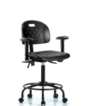 Newport Industrial Polyurethane Chair with Round Tube Base - Medium Bench Height with Adjustable Arms & Casters in Black Polyurethane HPMBCH-RT-T0-A1-RC-BLK