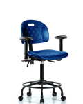 Newport Industrial Polyurethane Chair with Round Tube Base - Medium Bench Height with Adjustable Arms & Casters in Blue Polyurethane HPMBCH-RT-T0-A1-RC-BLU