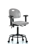Newport Industrial Polyurethane Chair with Round Tube Base - Medium Bench Height with Adjustable Arms & Casters in Gray Polyurethane HPMBCH-RT-T0-A1-RC-GRY
