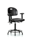Newport Industrial Polyurethane Chair with Round Tube Base - Medium Bench Height with Adjustable Arms & Stationary Glides in Black Polyurethane HPMBCH-RT-T0-A1-RG-BLK