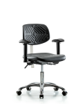 Class 100 Polyurethane Clean Room Chair - Desk Height with Adjustable Arms & Casters in Black Polyurethane NCR-PDHCH-CR-T0-A1-CC-BLK