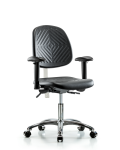 Class 100 Polyurethane Clean Room Chair - Desk Height with Medium Back, Adjustable Arms, & Casters in Black Polyurethane NCR-PDHCH-MB-CR-T0-A1-CC-BLK