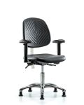Class 100 Polyurethane Clean Room Chair - Desk Height with Medium Back, Seat Tilt, Adjustable Arms, & Stationary Glides in Black Polyurethane NCR-PDHCH-MB-CR-T1-A1-RG-BLK