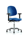 Class 100 Polyurethane Clean Room Chair - Desk Height with Medium Back, Seat Tilt, Adjustable Arms, & Stationary Glides in Blue Polyurethane NCR-PDHCH-MB-CR-T1-A1-RG-BLU